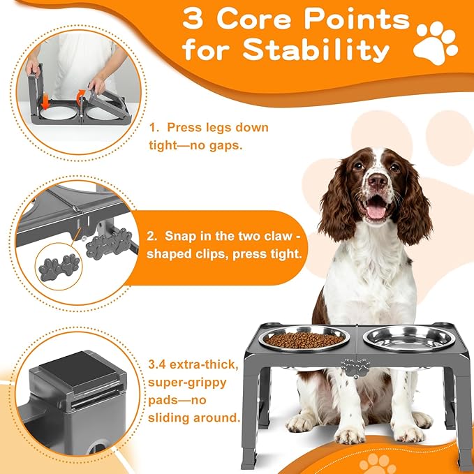 Elevated Dog Bowl Stand Foldable with Dual 7.8" Stainless Steel Bowls, 5 Adjustable Heights (3.9"-13.4"), Anti-Slip Portable Travel Pet Feeder, Fits 5.5"-27" Shoulder Height Dogs, Grey