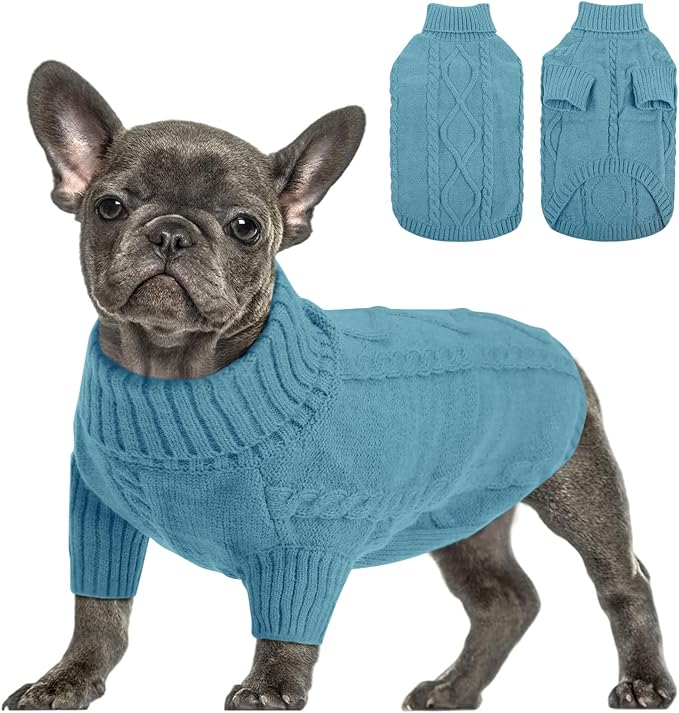 Queenmore Small Dog Pullover Sweater, Cold Weather Cable Knitwear, Classic Turtleneck Thick Warm Clothes for Chihuahua, Bulldog, Dachshund, Pug (Peacock Blue, Small)