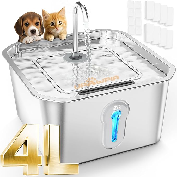 4L/135oz Large Cat Water Fountain Stainless Steel with 8 Filters Pet Water Fountain for Cats Quiet Indoor Pets Dog Small Animal Automatic Dog Water Dispenser for Drinking Watering Supplies