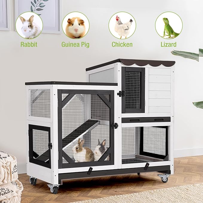 GUTINNEEN Rabbit Hutch Indoor Outdoor 2 Story Bunny House on Wheels Wood Rabbit Cage with 2 Pull Out Trays Guinea Pig Cage (Black)