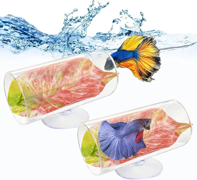 Hamiledyi 2 Pack Betta Tunnel Acrylic Betta Fsih Tube Tunnel with Suction Cups Betta Fish Toys Betta Leaf Pad Transparent Aquarium Decor for Small Fish Shrimp Guppy Resting Hiding (Pink Leaf)
