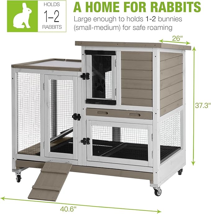 Indoor Outdoor Rabbit Hutch, Bunny Cage on Wheels with 2 Deep No Leakage Pull Out Trays (Mocha Color)