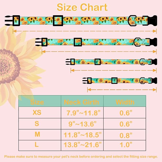 Faygarsle Dog Collar for Small Medium Large Dogs Cute Light Green Puppy Collars for Female Dogs Sunflower Patterned Pet Collars for Summer Spring Wedding Puppy Girl Dog Collar M