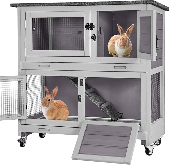 Aivituvin Rabbit Hutch Indoor Bunny Cage Outdoor 2 Story Pet House Guinea Pig Cage on Wheels 36" L