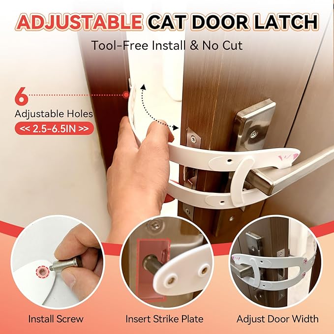 Cat Door Latch,2 Pcs Door Prop for Cats to Keep Dogs Out of Litter Box and Food, Preventing Hand Pinching, Cat Door Stopper with 6 Adjustable Straps 2.5-6.5" Wide, Including Door Plate, White
