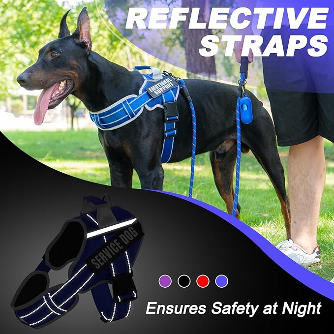 Neck Padded Service Dog Vest Harness and Leash Set, No Pull Adjustable Service Pet Harness with 8 Dog Patches, Reflective in Training Easy Control Pet Vest with 5ft Dog Leash for Medium & Large Dogs