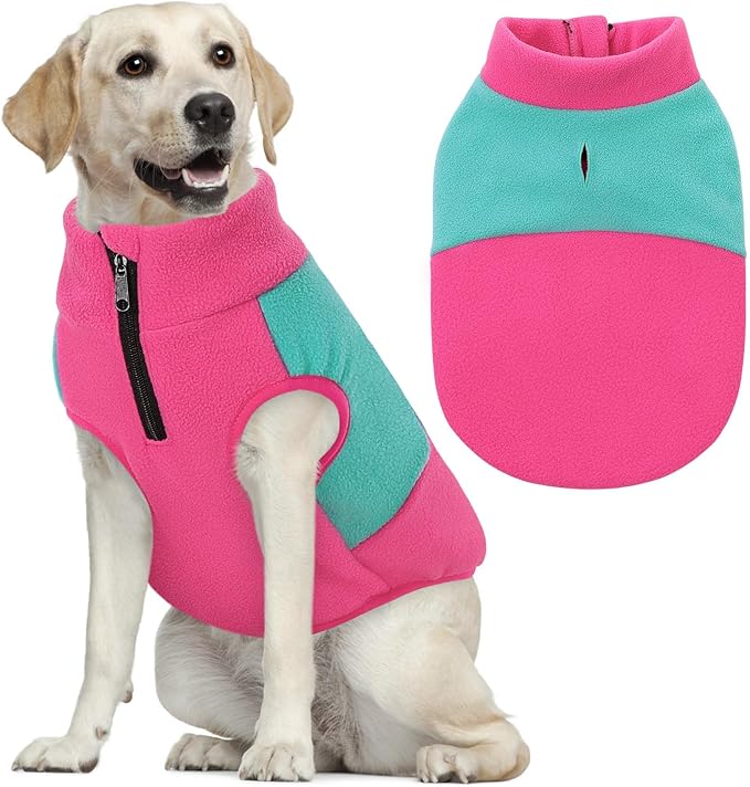 Queenmore Fleece Sweater for Large Dogs, Pet Vest Jacket Sweatshirt Winter Clothes for Boy Or Girl, Large Medium Small Size, Fuchsia/Mint, L