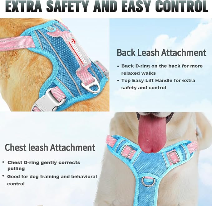 BARKBAY No Pull Dog Harness Large Reflective Dog Harness with Front Clip and Easy Control Handle for Walking Training Running with ID tag Pocket(Baby Blue & Baby Pink,S)