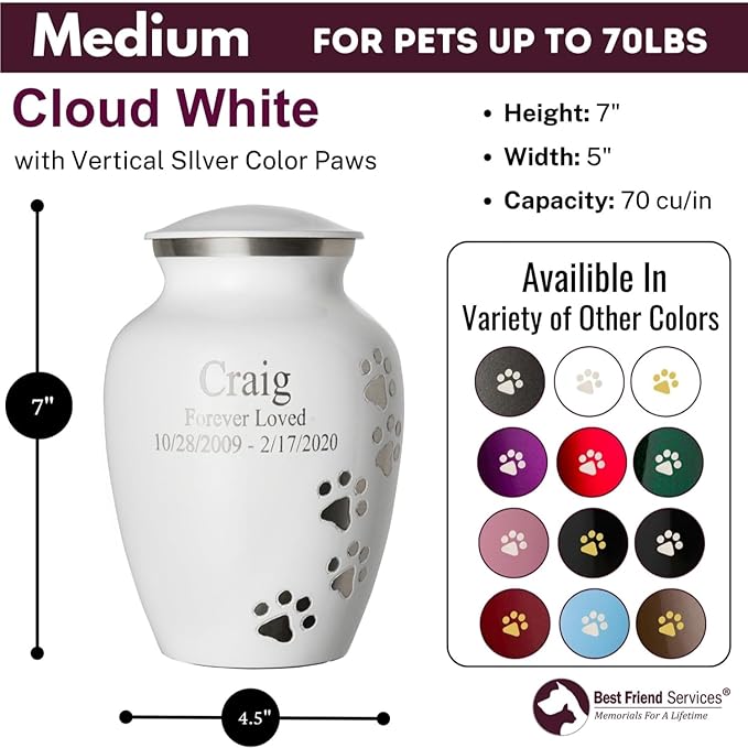 Pet Urn for Dogs and Cats with Personalized Laser Engraving, Ottillie Paws Premier Series Memorial Urns (Medium Cloud White with Vertical Pewter Paws)