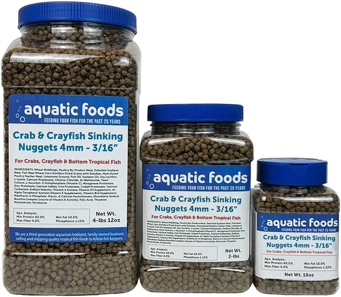 Aquatic Foods Inc. Crab & Crayfish 4mm-3/16 Sinking 40% Protein Nuggets for Crabs, Crayfish, Axolotl, Salamanders, Snails, All Bottom Tropical Fish...2-lbs Jar