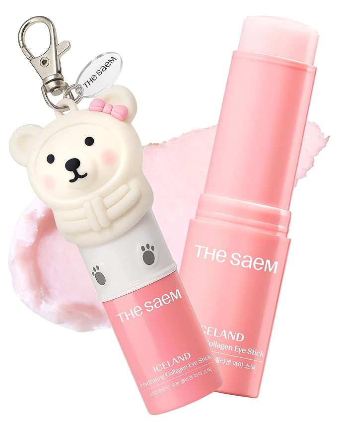 THESAEM Iceland Hydrating Collagen Eye Stick with Cute Bear Keyring Set - 6 Types Collagen Anti-Wrinkle Cooling Balm for Saggy Skin – Under Eye Treatment - Portable K-Beauty Charm, Rose Scent, 0.38oz