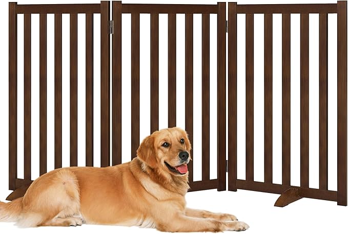 Wire Dog Gate Solid Wood Frame, Anti-Chewing, 3-Panel, 30" Height, 60" Width, Indoor Freestanding Pet Gate Foldable Wooden Dog Fences for Stairs, House, Doorway, Walnut