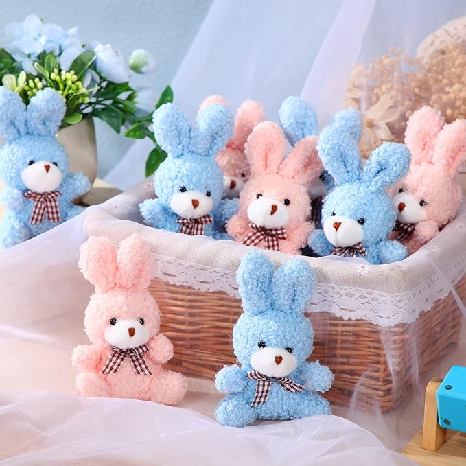 Sotiff 24 Pcs Easter Plush Bunny Stuffed Animal Gift Bulk 4.7 Inch Mini Bunnies Keychain Doll Furry Rabbit with Bow Tie for Birthday Baby Shower Party Favor Gifts Classroom Rewards(Pink, Blue)