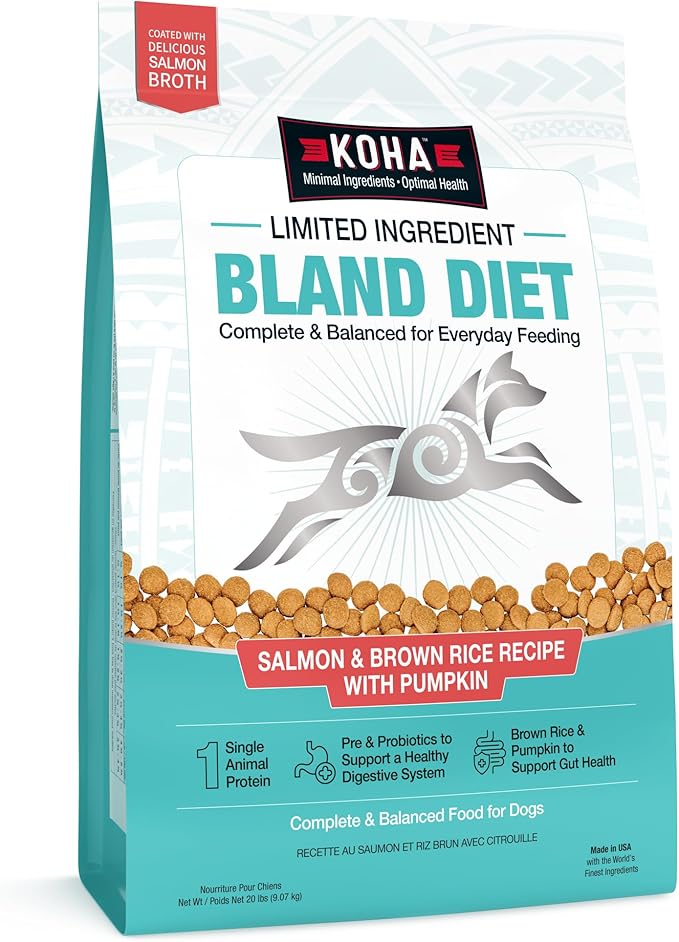 KOHA Limited Ingredient Bland Diet Dry Food for Dogs - Salmon & Brown Rice Recipe, Sensitive Stomach Dog Food with Pre & Probiotics - Pumpkin for Digestive Support, 20 lbs