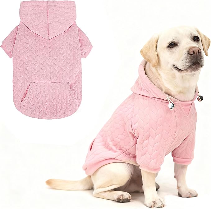 EXPAWLORER Textured Cable Knit Basic Dog Hoodie, Elevated Style Dog Sweater with Leash Hole and Pocket, Soft and Warm Pet Winter Coat, Cold Weather Clothes for Small Medium Large Dogs Cats,Pink XL