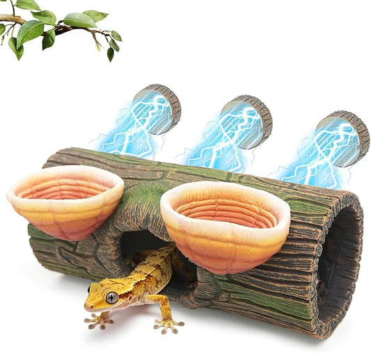 2 in 1 Magnetic Crested Gecko Hide, Reptile Hideout & Water Dish Food Bowl, Resin Hollow Log Cave, Reptile & Amphibian Habitat Hideouts, Terrarium Decor