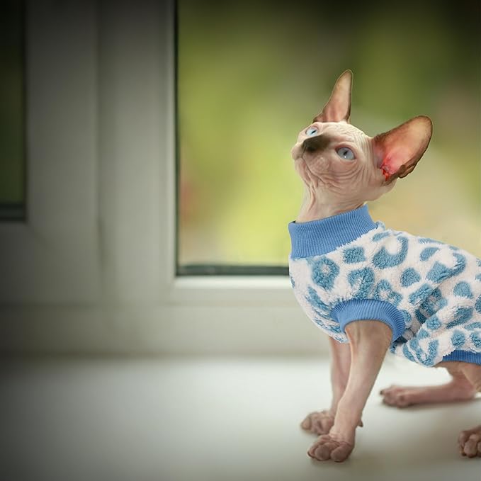 PUMYPOREITY Winter Warm Cat Sweater - Super Soft & Elastic Knit with Plush Fleece, Easy-On Design with Ribbed Neck & Cuffs, Stretchy Cat Outfit for Indoor/Outdoor Use,Blue, S