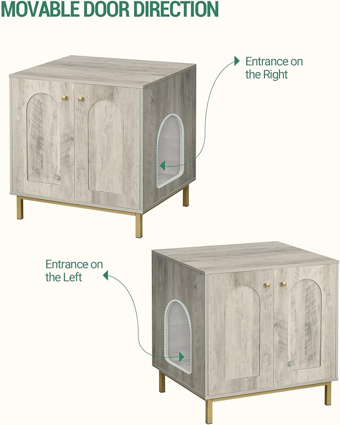 Cat Litter Box Enclosure, Hidden Litter Box Furniture Cabinet, Wooden Indoor Cat House, Side End Table, Living Room, Bedroom, Greige and Gold CB81205G