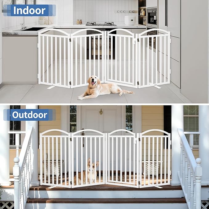 Malier Metal Freestanding Dog Gates with Door, 32'' Height Outdoor Indoor Dog Fences, Extra Wide Foldable Puppy Gate for Stairs (White, 【4 Panels with Door】 80''W × 32''H)