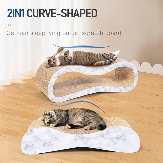 2 in 1 Cat Scratcher Cardboard Lounge Bed, Cat Scratching Post, Durable Board Pads Prevents Furniture Damage,Large,Marble White