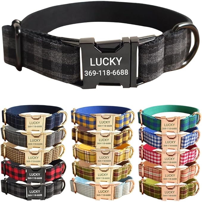 PETDURO Personalized Checkered Plaid Dog Collar Black - Engraved Name and Phone Number on Black Metal Buckle - Custom for Small Medium Large Boy Girl Dogs - Add Leash Bow Tie via Customize Now