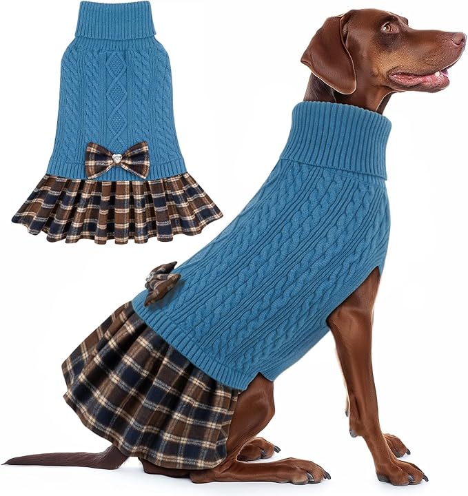 KYEESE Dog Sweater Pullover Dog Sweaters for Large Dogs Soft Turtleneck Pet Sweater Dress with Bowtie Warm Comfy Pet Coats Stretchy Knitwear Pets Sweaters Thick Dogs Clothes, Blue, XXX-Large