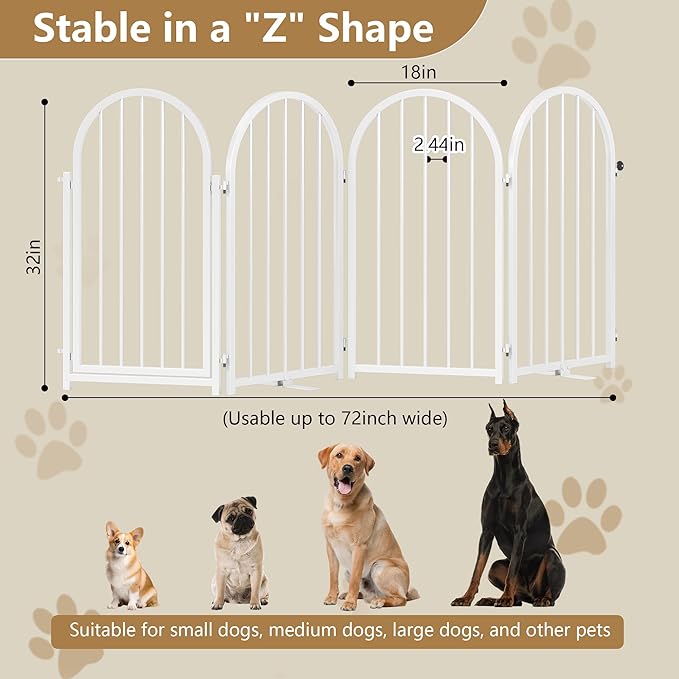 Full Metal Dog Gate with Door for Indoor Outdoor, 32" Tall Free Standing Pet Dog Fence, 72" Extra Wide Pet Gates for Stairs, Hallways, Doorways, Kitchen, Decks, Yards (White, 4 Panels)