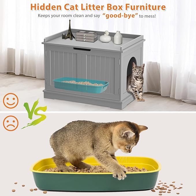 Cat Litter Box Enclosure Furniture Wooden w/Adjustable Divider, Indoor Cat House Storage Cabinet,End Table,for Large Cats, Grey