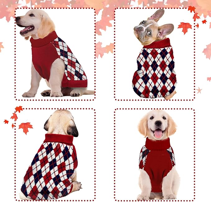 Dog Sweater Knitted Pet Clothes Classic Winter Outfit with Plaid Red Argyle Patterns Warm Dog Turtleneckr Sweatshir for Small Medium Puppies Dogs Cats Large