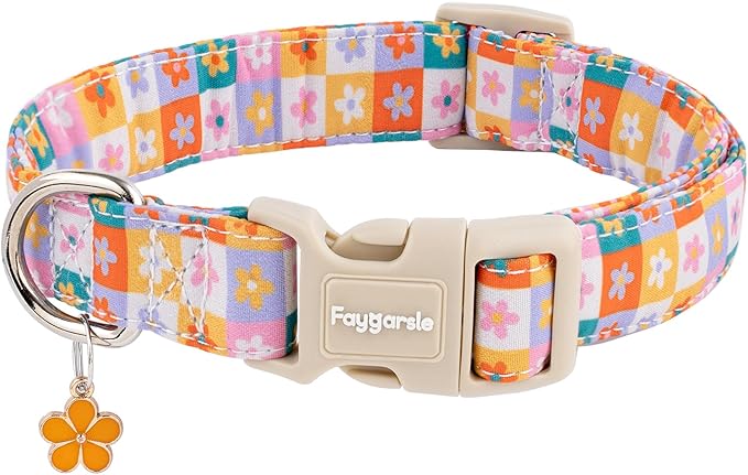Faygarsle Floral Plaid Pattern Dog Collar, Spring Summer Design for Small Medium Large Dogs Multi-Color M