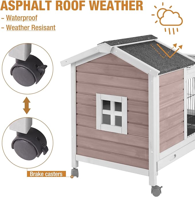 GUTINNEEN Large Mobile Rabbit Hutch Indoor Outdoor with Wheels, Deep Leak-Proof Pull-Out Tray & Wire Mesh, Waterproof Asphalt Roof Small Animal Cage with Openable Roof for Rabbits & Guinea Pigs