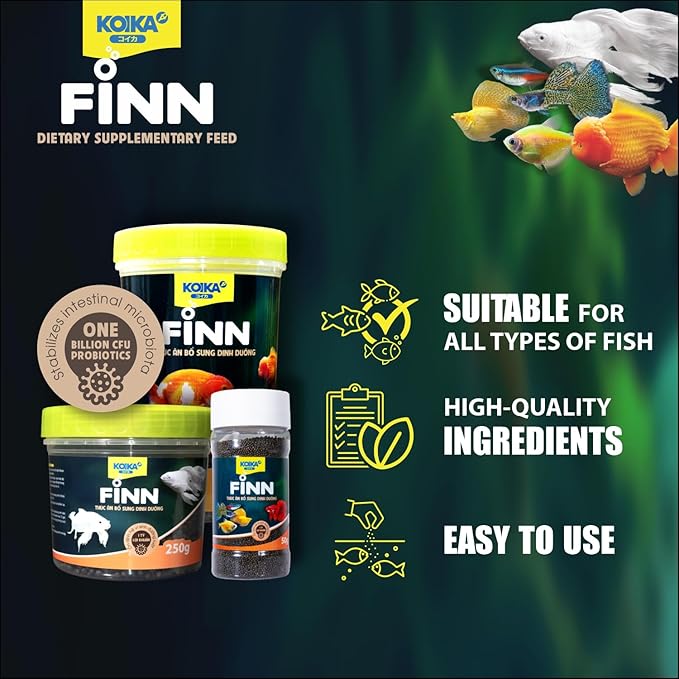 KOIKA FINN Probiotic Fish Food Pellets for Ornamental Fish, 43% Protein with Bacillus Probiotics, Supports Digestion and Immune Health for Daily Feeding (250g, Koi Carp - 3.0mm Pellets)