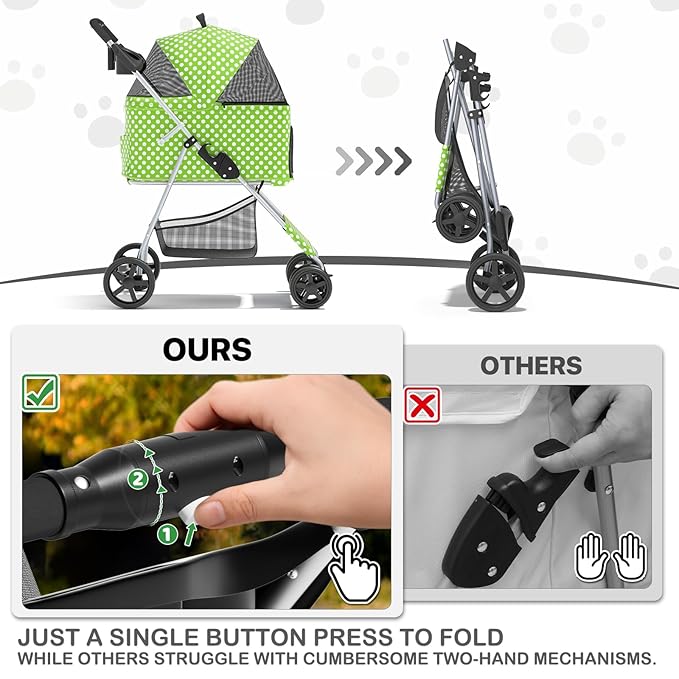 MoNiBloom 3 in 1 Foldable Pet Stroller for Small & Medium Dogs, Detachable Carrier, Car Seat, Push Button Entry, 4-Wheel Jogger for Pets up to 33 lbs, Lawn Green Polka Dots