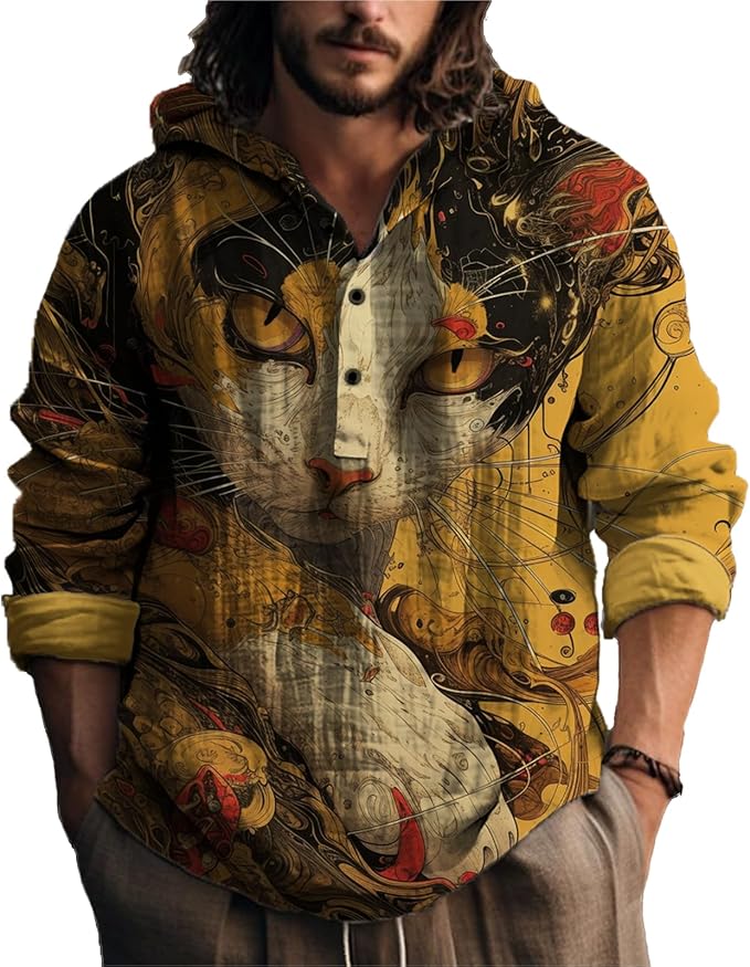 MARSVOVO Japanese Art Animal Hooded Shirt for Men Long Sleeve Quarter Button Lightweight Hoodie Cool Streetwear Tops