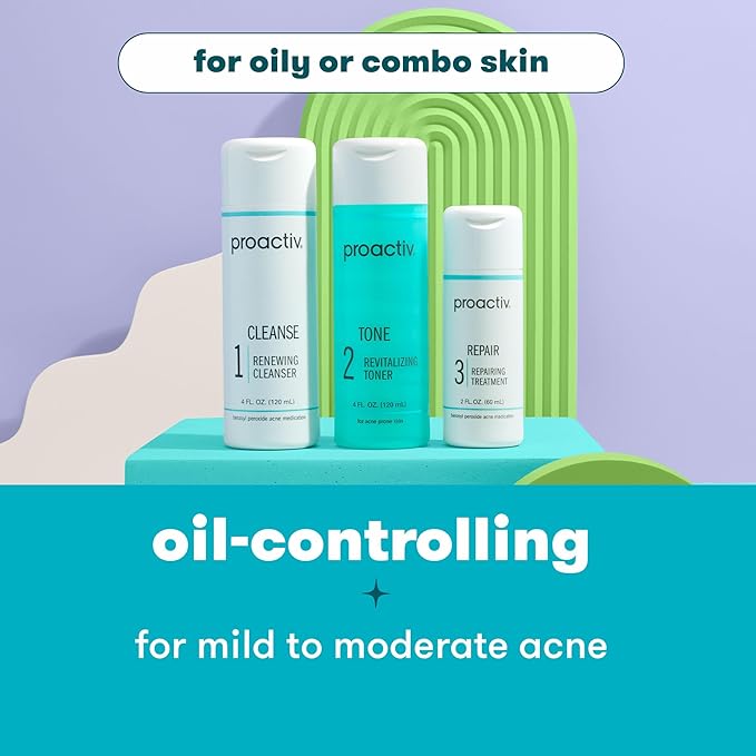Proactiv 3 Step Acne Treatment System, 60 Day Complete Skincare Kit with Benzoyl Peroxide Cleanser, Toner, Repairing Treatment, and 15‑Count Pimple Patch