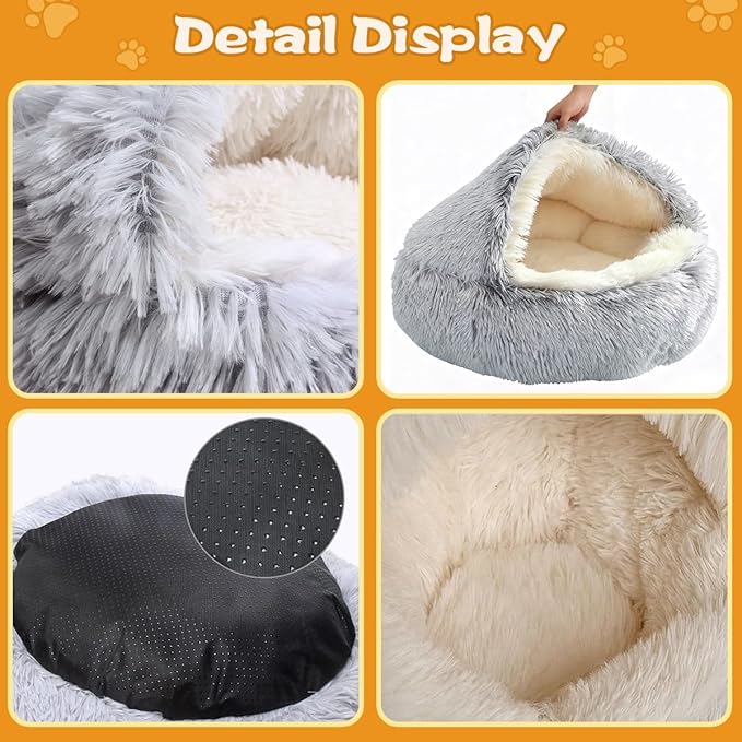 ShinHye Round Plush Fluffy Hooded Cat Bed Cave, Cozy for Indoor Cats or Small Dogs, Waterproof Bottom, Washable（35 in）