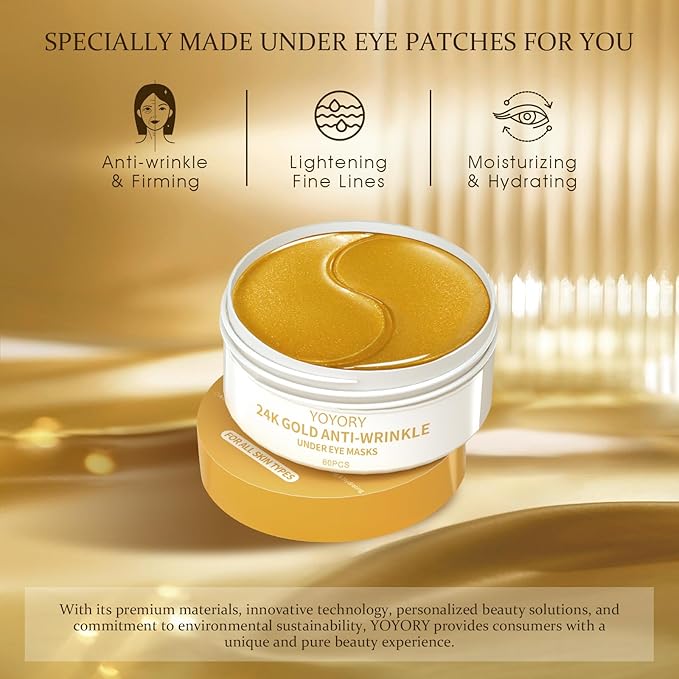 Under Eye Patches Masks - for Dark Circles, Puffy Eyes, Fine Lines, Wrinkles, Eye Bags Treatment with Collagen and Hyaluronic Acid,Anti-Aging, Moisturizing and Hydrating 24K Gold (60 Pcs)
