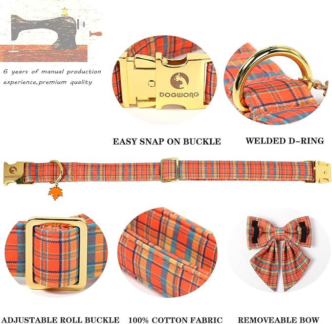 DOGWONG Cotton Fall Plaid Dog Collar, Orange Pumpkin Plaid Dog Collar with Bow Halloween Dog Collars Puppy Necklace for Small Medium Large Dogs