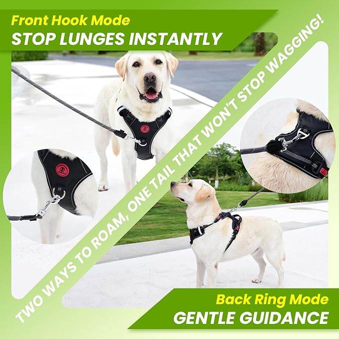 Black No Pull Adjustable Reflective Breathable Heavy Duty Dog Vest Harness for Medium Large Dogs with Quick Release Buckles Soft Padded Handle & Metal Front Back Clip for Walking Training, M