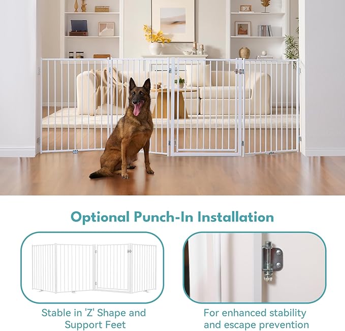 No Pawblems Free Standing Dog Gate with Door, 36'' Tall Foldable Dog Fence for Indoor & Outdoor, Up to 156 Inch Extra Wide Christmas Tree Fence, Hallways, Doorways, Deck, Yard (White, 6 Panels)