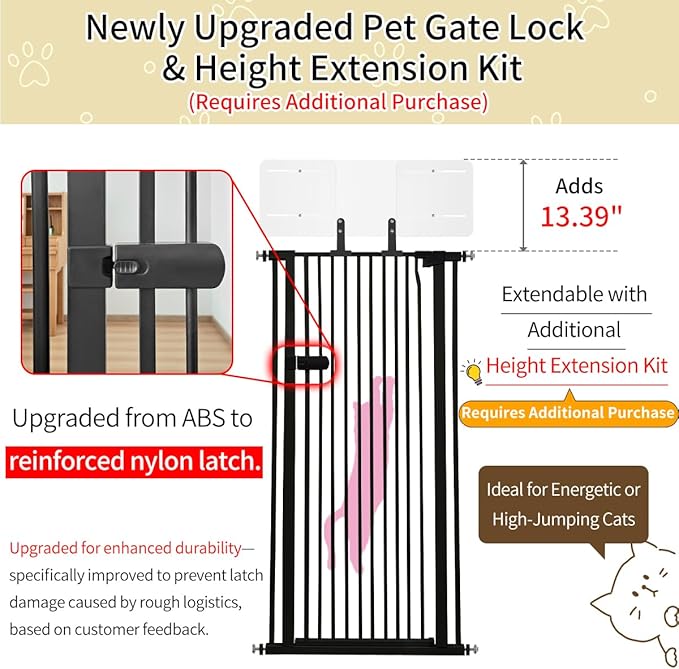 Lumizone Extra Tall Cat Gate 55.12" High Pressure Mounted Extra Wide 2025 New (17 Sizes) 1.37" Gap No Drilling Auto-Close One-Handed Operation Tall Pet Gate for Dogs(Black, 55.12" H x 29.92"-46.64" W)