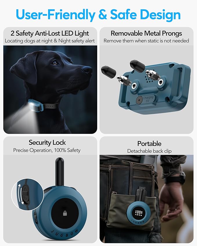 Jugbow Dog Shock Collar - 3/4 Mile Dog Training Collar with Remote for Large Medium Dogs, Rechargeable IPX8 Waterproof E-Collar with 3 Training Modes, LED Light & Security Lock (Blue)
