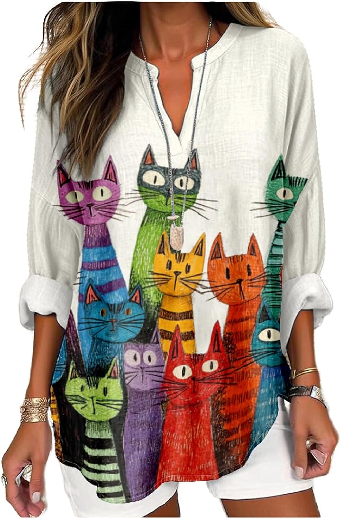 MARSVOVO Cat Shirts for Women Long Sleeve Cute Cat Pullover Graphic Novelty V Neck Blouse Oversized Funny Tunic Tops