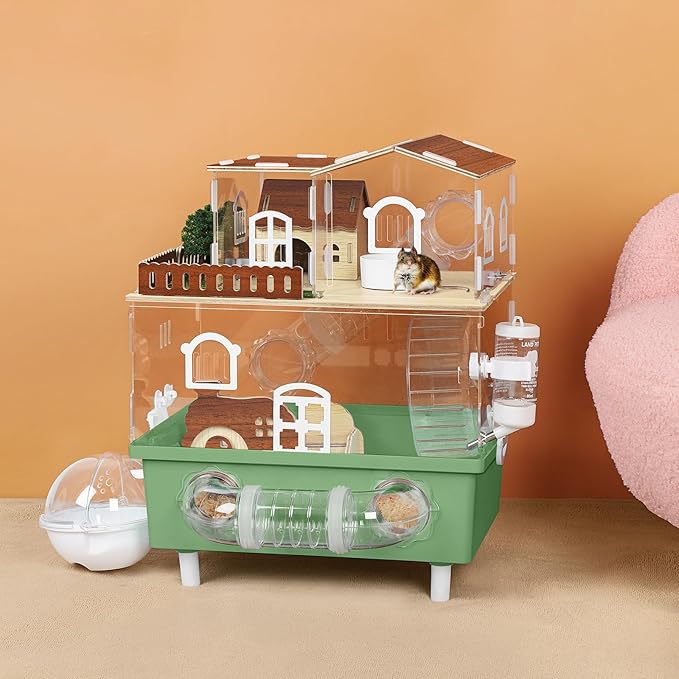 Acrylic Hamster Cage Chew Proof Hamster Habitat Large Hamster Enclosure, 13.3''* 9.8''* 17.4'' Clear Pet Mice House for Dwarf Syrian Small Hamsters, Green