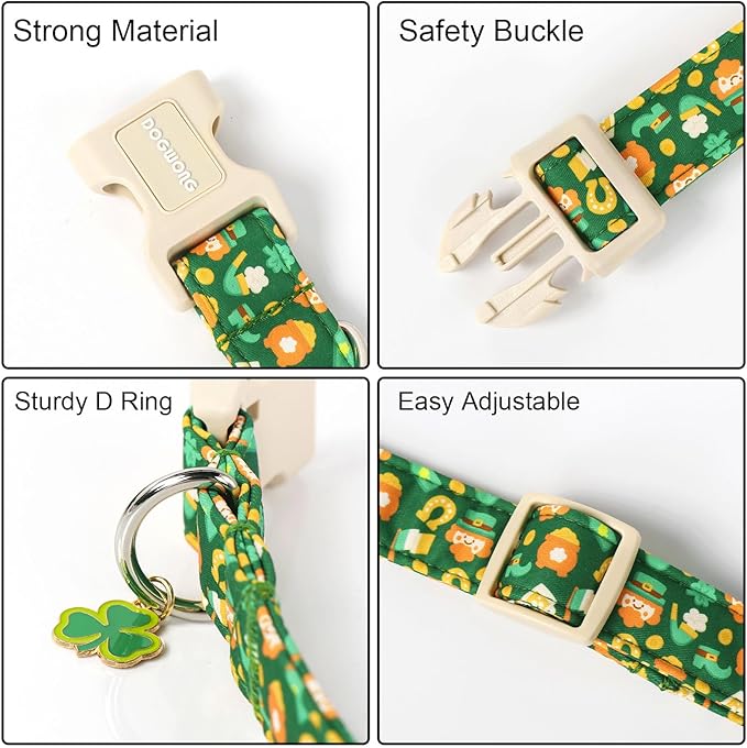 DOGWONG Green Dog Collar- Cute Trefoil Flower Dog Collars Adjustable St. Patrick's Day Puppy Clover Dog Collar for Small Medium Large Dogs L