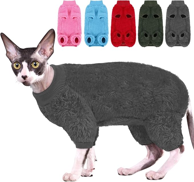 SUNFURA Sphynx Hairless Cat Sweater, Full Body Warm Fleece Sweaters with Sleeves for Cats, Soft Turtleneck Cat Clothes, Cozy Pullover Pajamas for Hairless Cats Devon, Donskoy & Small Dogs, Grey S