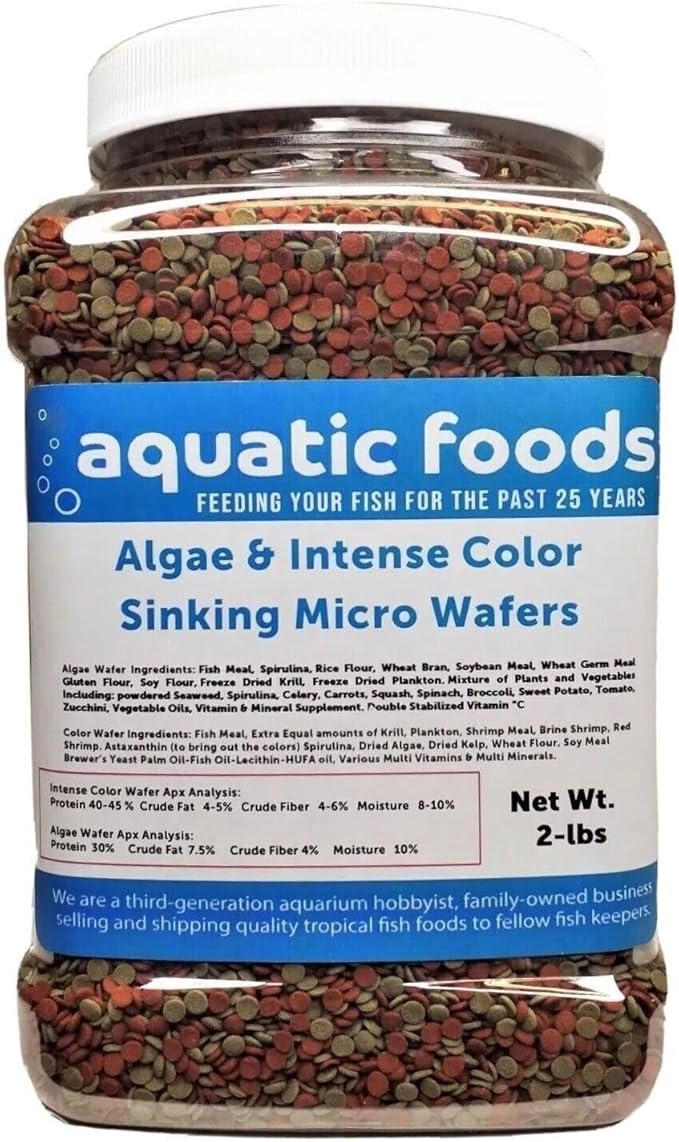 Aquatic Foods Inc. 3.5mm - 1/8" Micro Wafer Mix of Spirulina Algae & Intense Color Enhancing Sinking Micro Wafers for Catfish, Plecos, Bottom Fish, Shrimp, Crabs, All Tropical Fish..2-lb Med Jar