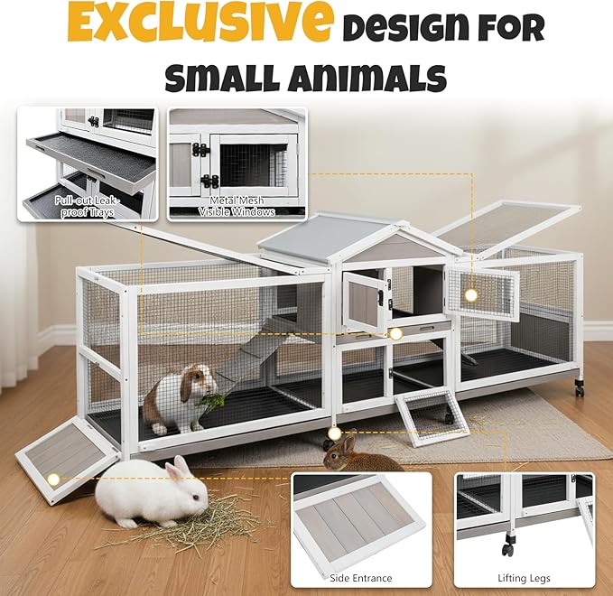 Large 2-Story Outdoor Rabbit Hutch with Wheels, Weatherproof Wooden Bunny Cage with Double Runs, 4 Pull-Out Leak-Proof Trays, 2 Anti-Chew Metal Frame Ramps, Waterproof Roof, Small Animals Cage