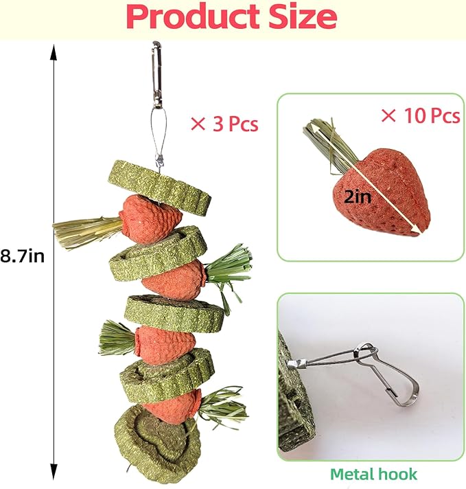 Bunny Chew Toys Guinea Pig Chew Toys for Teeth Grinding Rabbit Treats Natural Timothy Grass Cake Strawberries for Guinea Pigs Chinchillas Bunny Hamster (3 Pcs)