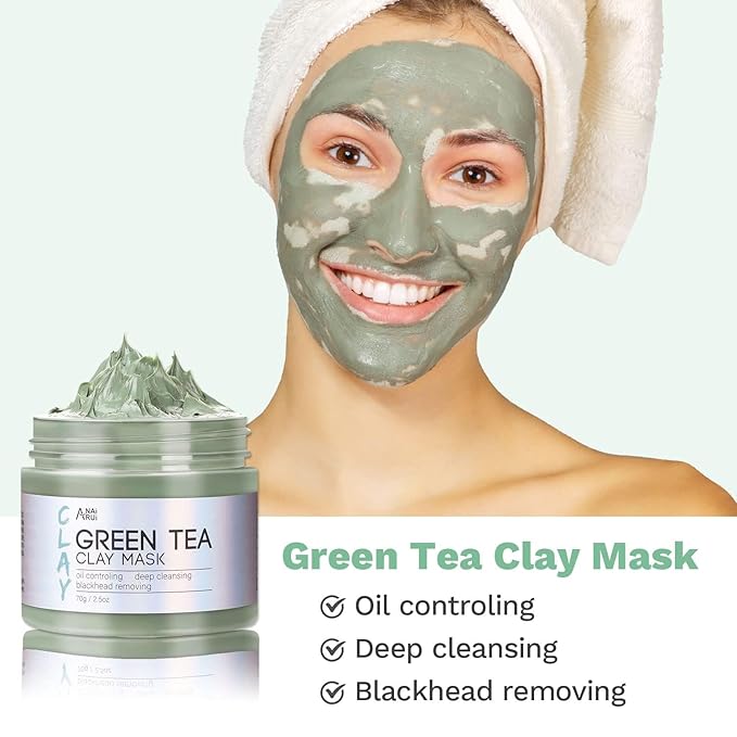 ANAI RUI 3 Pcs Face Mask Set - Turmeric Clay Mask - Green Tea Face Mask - Dead Sea Mud Mask for Oily Skin, Blackheads & Pores -Spa Gift Set Self Care for Women Teens(2.5 oz Each